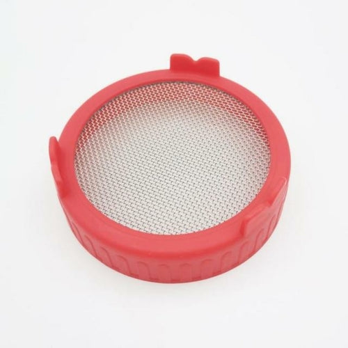 red microgreens and sprouting mason jar lids with metal screen that come in assortment of colors, comes in a set of 4, better airflow and drainage, easy filtration and easy stand, great for all sprouts and most mason jars, 20 mm thick and 90 mm wide