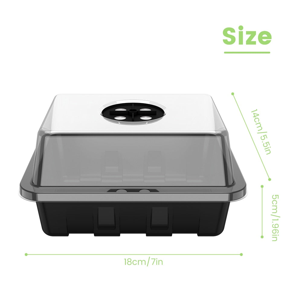 6 pack of 12 cells seed starter tray with clear plastic lid and black plastic base, trays are reusable and perfect for germinating, from the top of the lid to the bottom of the base it's 7.5 inches, the width of the base is 7 inches