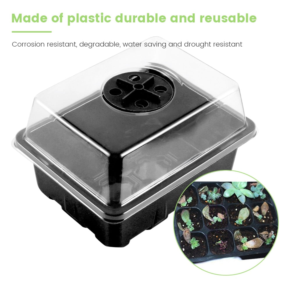 6 pack of 12 cells seed starter tray with clear plastic lid and black plastic base making it corrosion resistant and drought resistant, trays are reusable and perfect for germinating