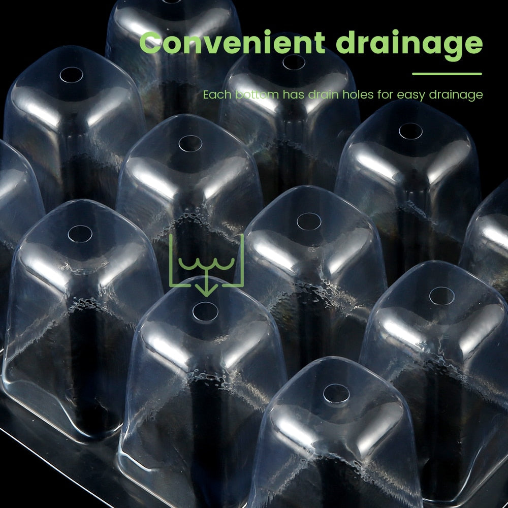 6 pack of 12 cells seed starter tray with clear plastic lid and black plastic base, trays are reusable and perfect for germinating, it has convenient drainage holes in the bottom of each cell