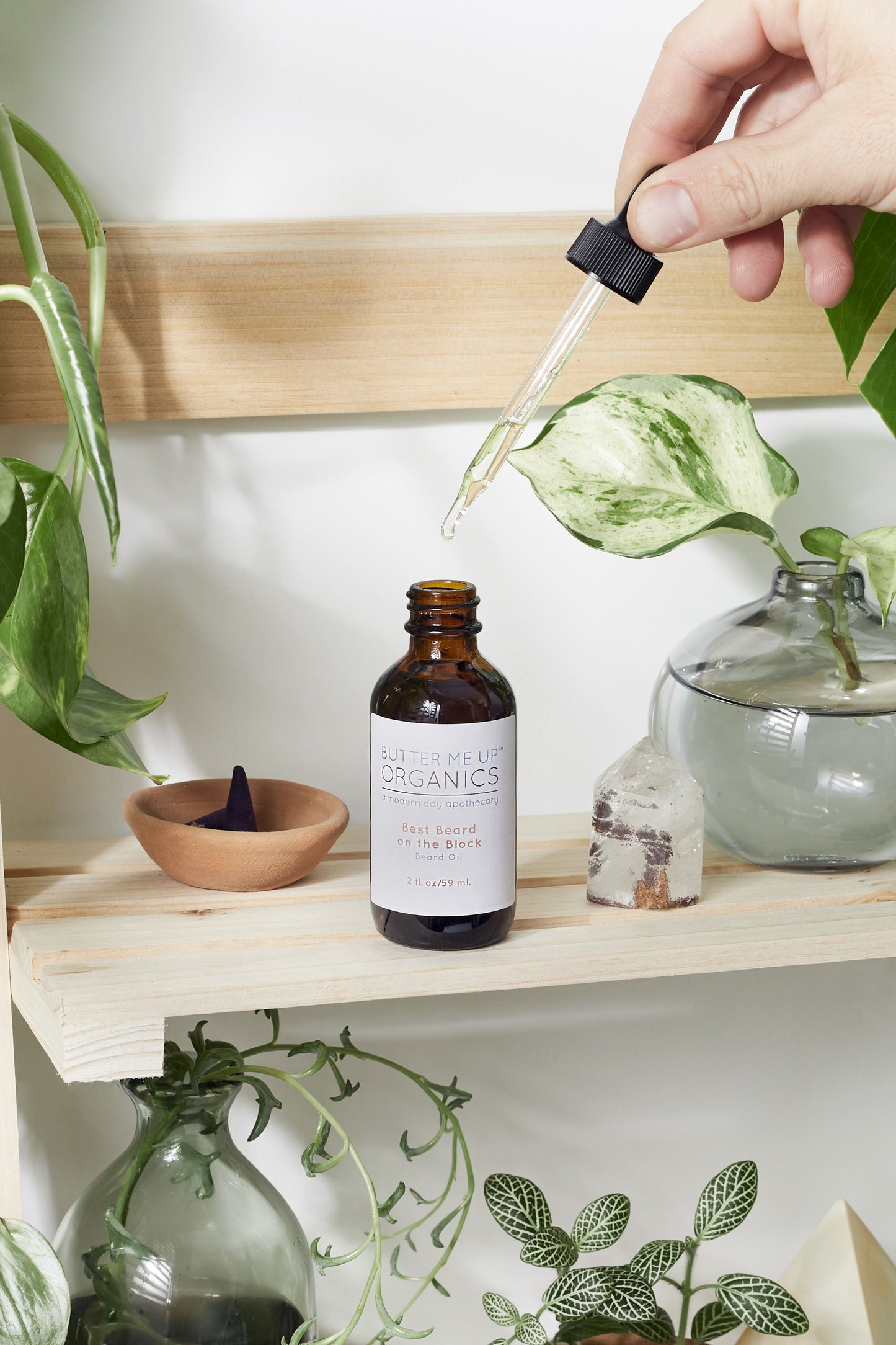 open best beard on the block organic beard oil on a shelf Made with organic oils of Argan and Jojoba combined with super conditioning Camelina oil