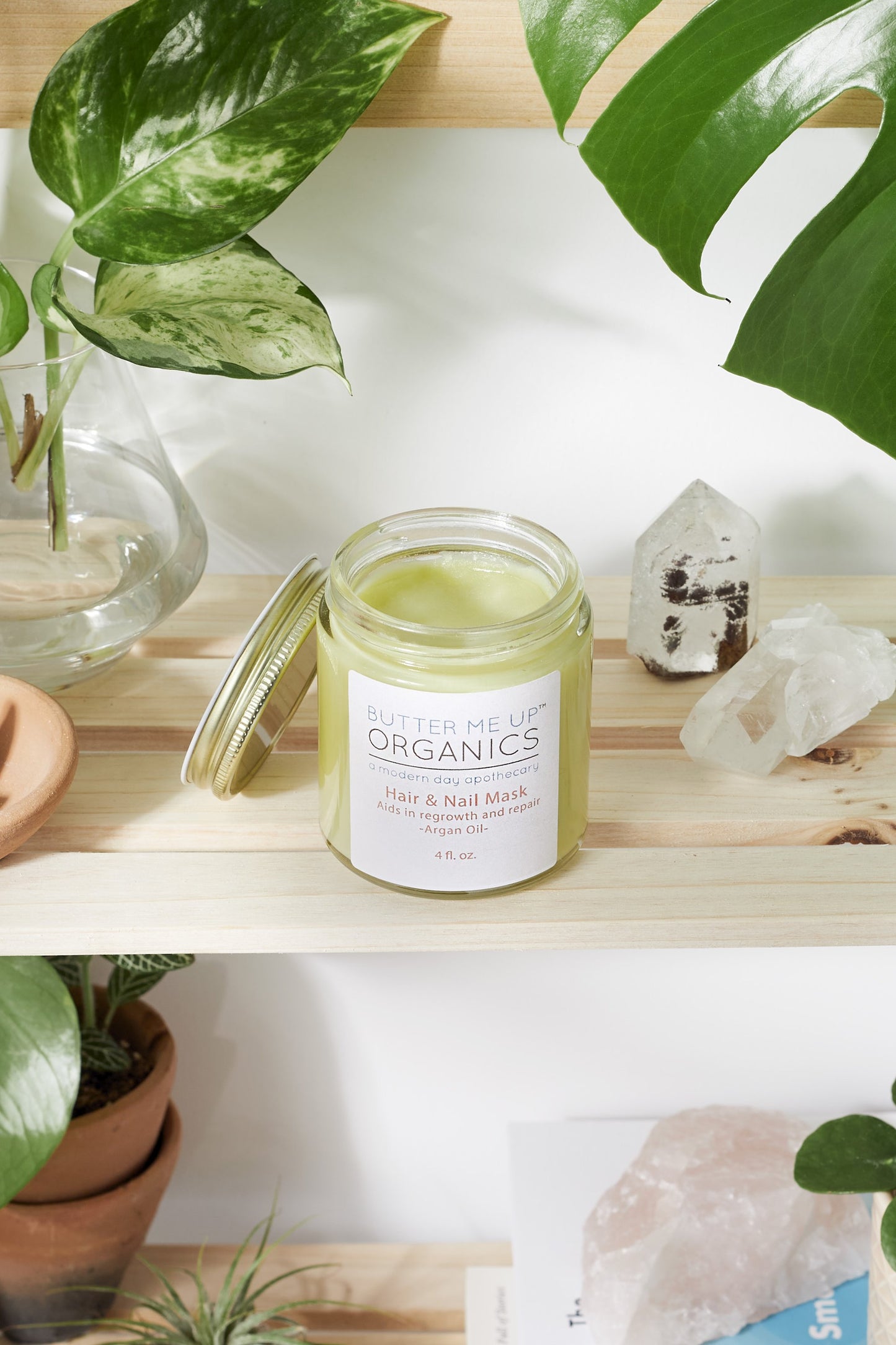 Hair & Nail Mask butter me up organics a modern day apothecary, aids in regrowth and repair, argan oil, 4 fl oz open on shelf