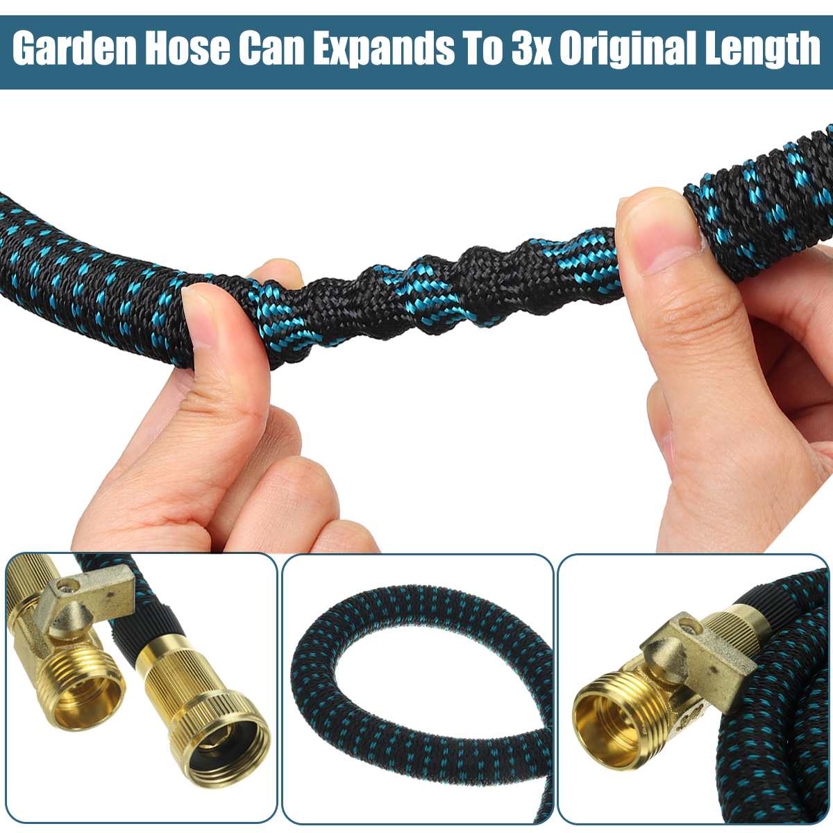 expandable water garden hose for outdoor use, comes in four different lengths: 25 ft/50 ft/75 ft/100 ft with bag and included parts can be used to wash dog, water garden, or clean the car. 
