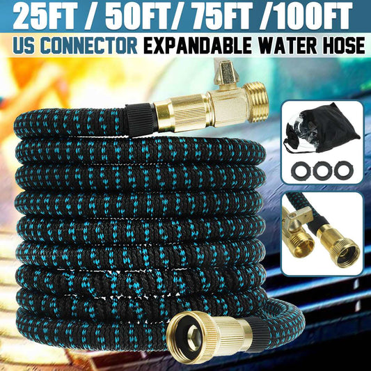 expandable water garden hose for outdoor use, comes in four different lengths: 25 ft/50 ft/75 ft/100 ft