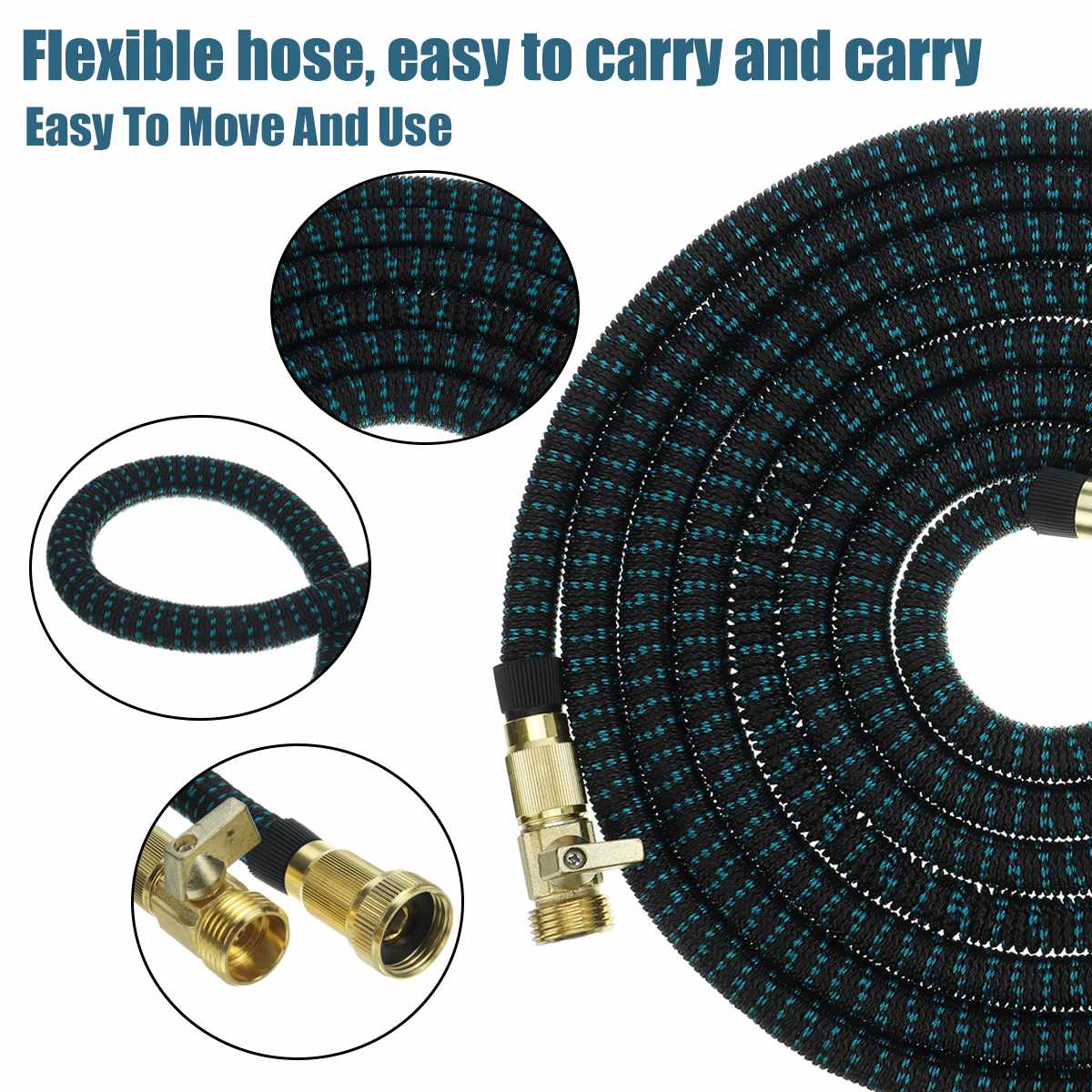 expandable water garden hose for outdoor use, comes in four different lengths: 25 ft/50 ft/75 ft/100 ft with bag and included parts can be used to wash dog, water garden, or clean the car. 