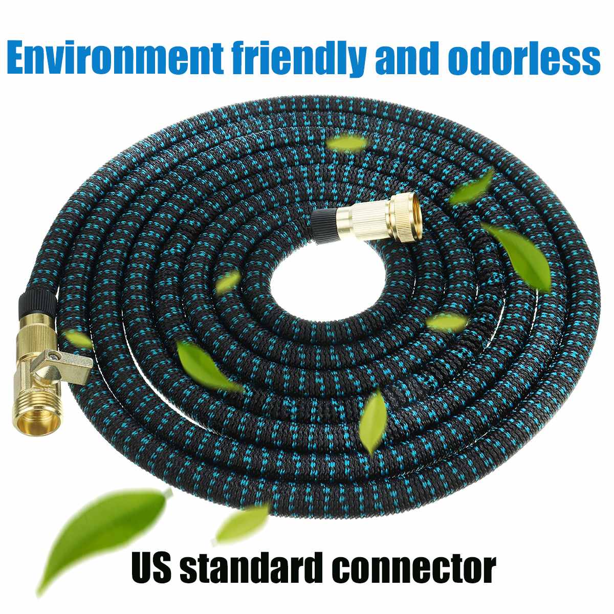 expandable water garden hose for outdoor use, comes in four different lengths: 25 ft/50 ft/75 ft/100 ft with bag and included parts can be used to wash dog, water garden, or clean the car. 