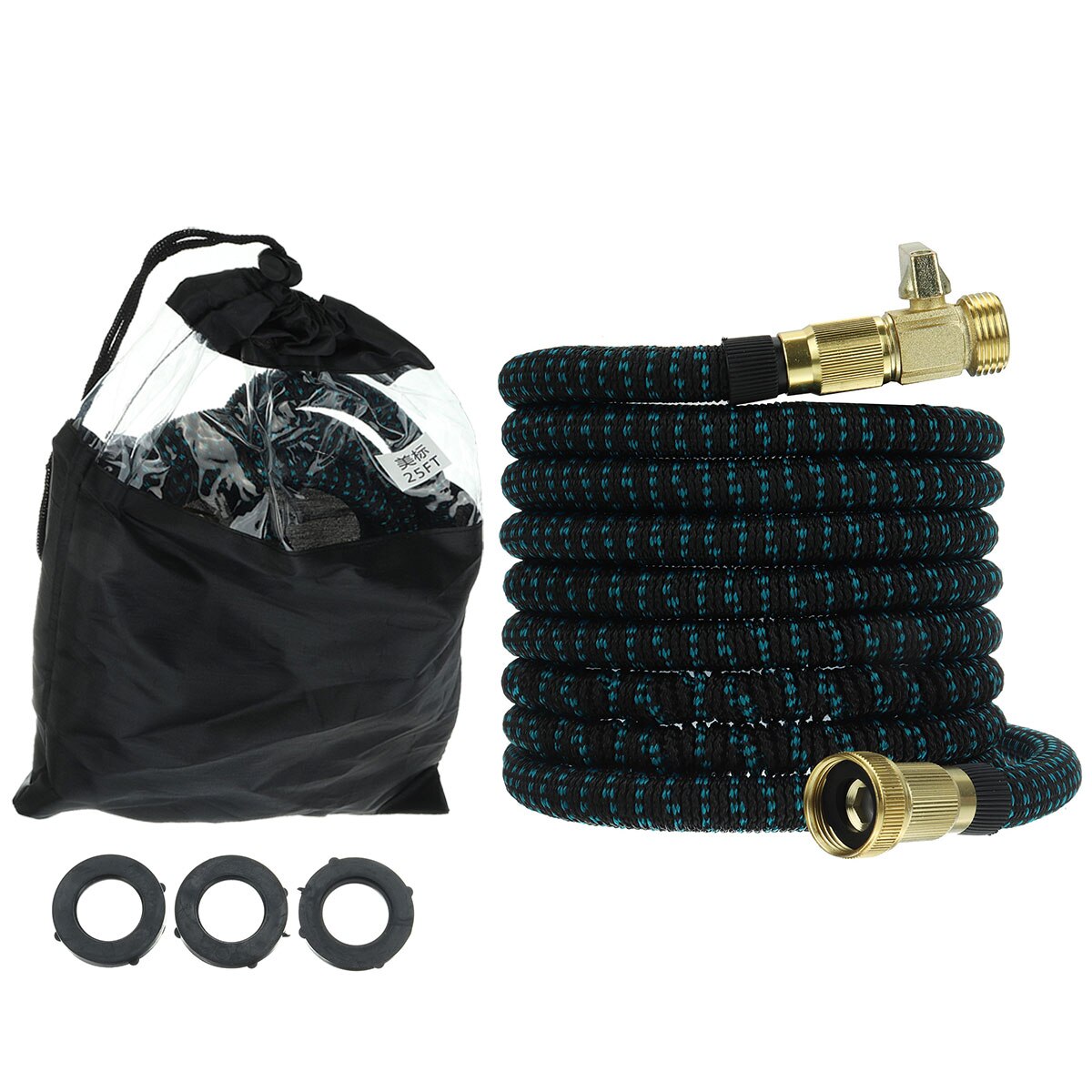 expandable water garden hose for outdoor use, comes in four different lengths: 25 ft/50 ft/75 ft/100 ft with bag and included parts