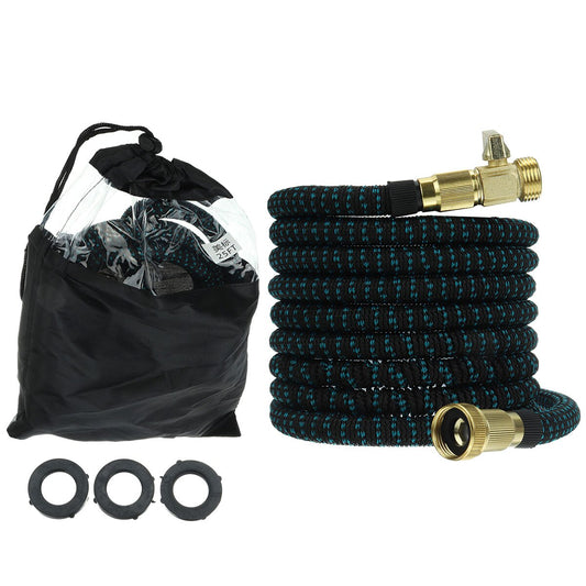 expandable water garden hose for outdoor use, comes in four different lengths: 25 ft/50 ft/75 ft/100 ft with bag and included parts