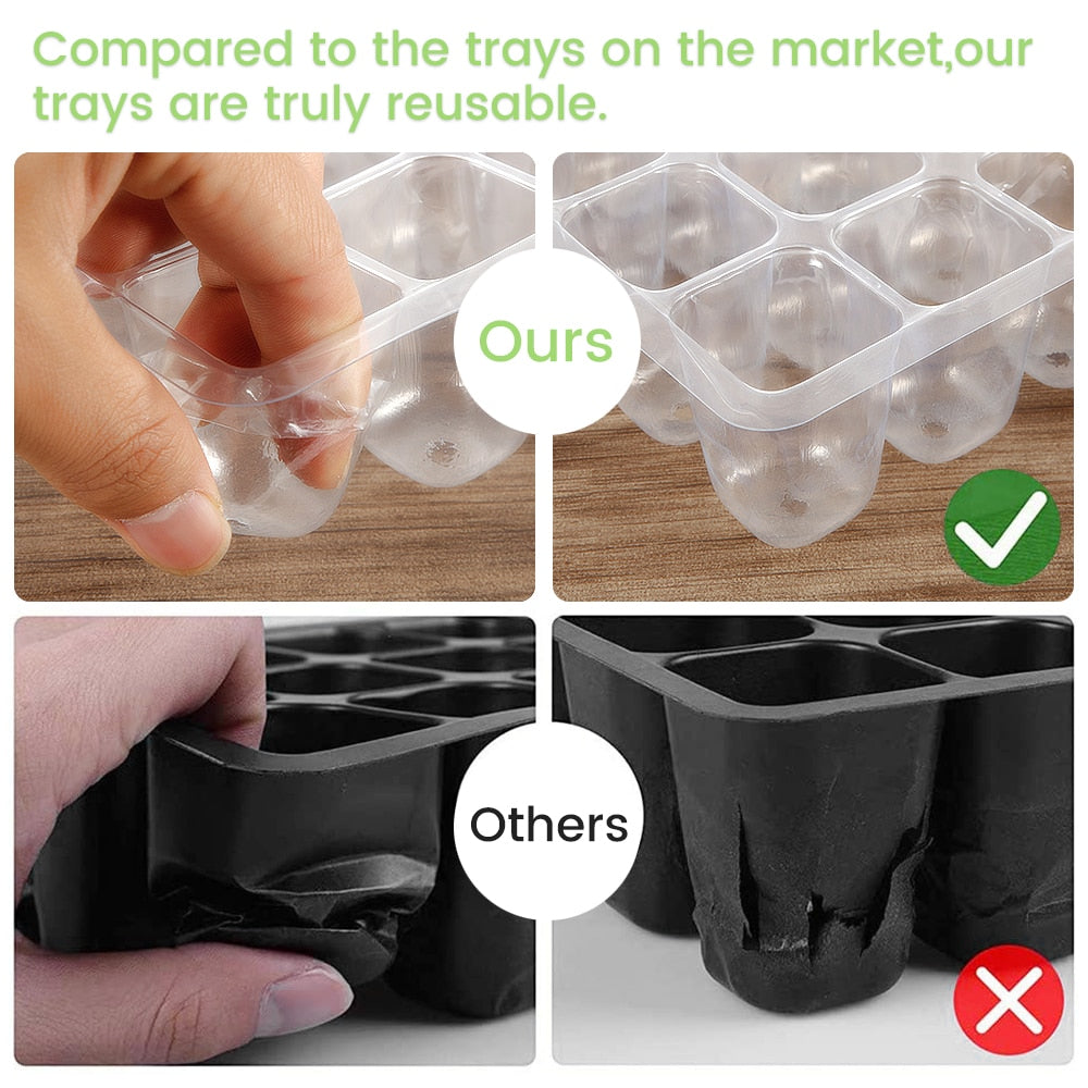 6 pack of 12 cells seed starter tray with clear plastic lid and black plastic base, trays are reusable