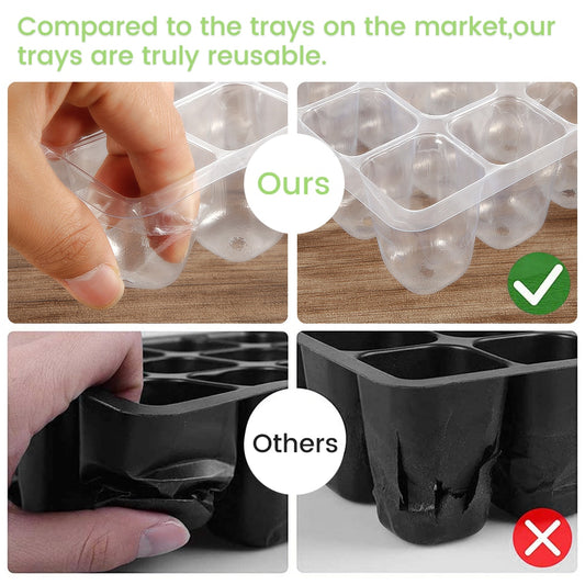 6 pack of 12 cells seed starter tray with clear plastic lid and black plastic base, trays are reusable