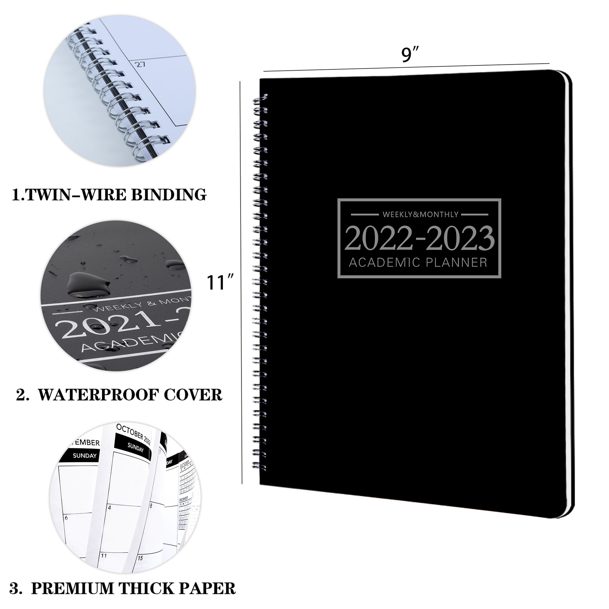 Daily, Weekly, Monthly Calendar Planner Notebook 2022-2023 twin wire binding, waterproof cover, premium thick paper
