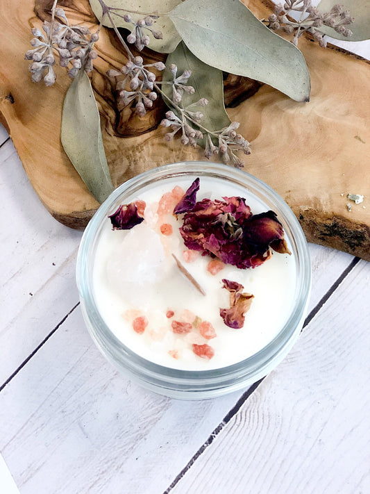 love spell intention candle is 4 oz of hand-poured soy wax in a glass jar with a metal lid