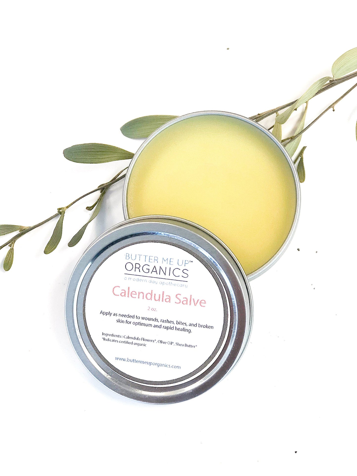 Calendula Balm butter me up organics a modern day apothecary salve apply as needed to wounds, rashes, bites, and broken skin for optimum and rapid healing open