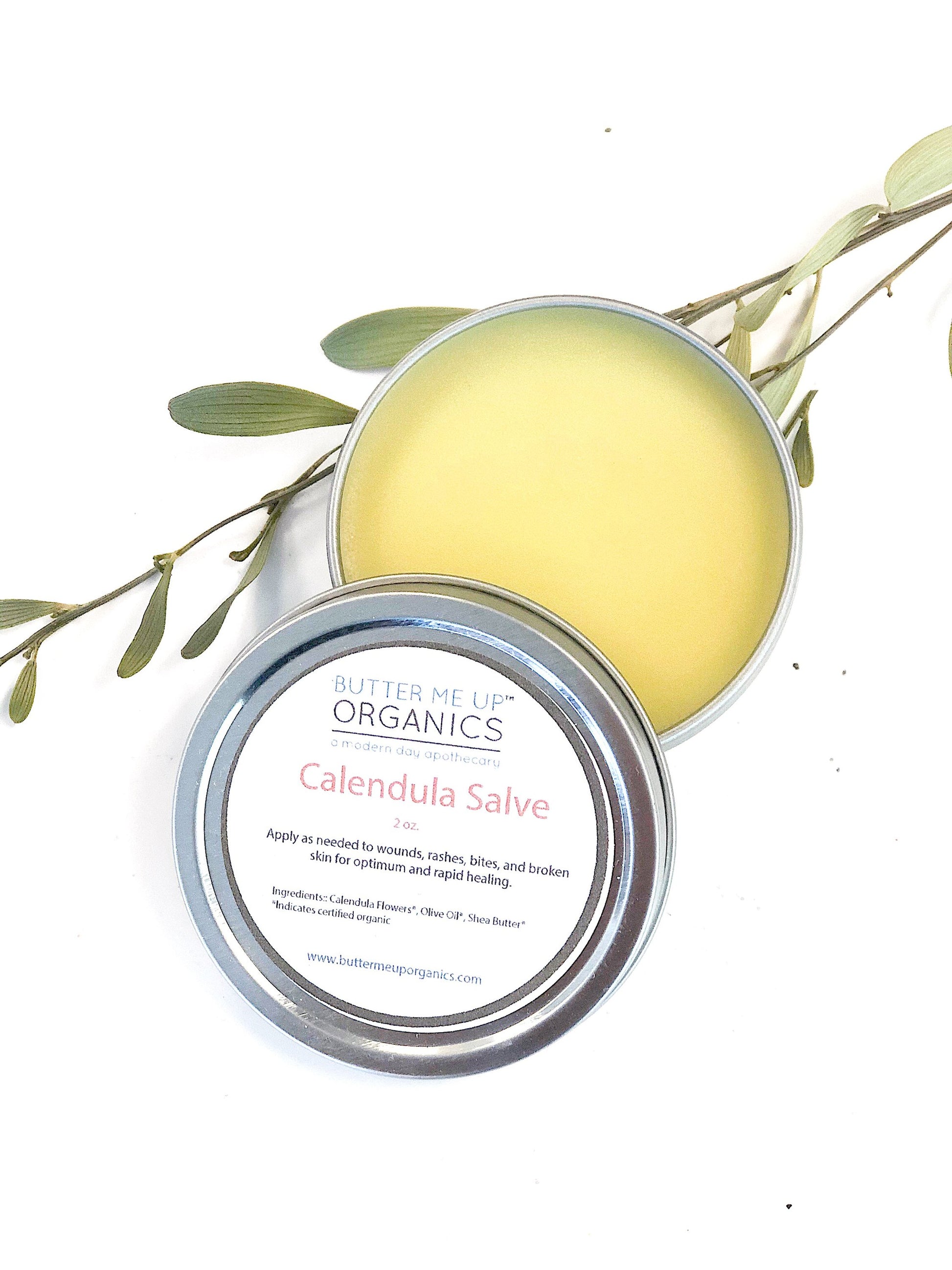 Calendula Balm butter me up organics a modern day apothecary salve apply as needed to wounds, rashes, bites, and broken skin for optimum and rapid healing open