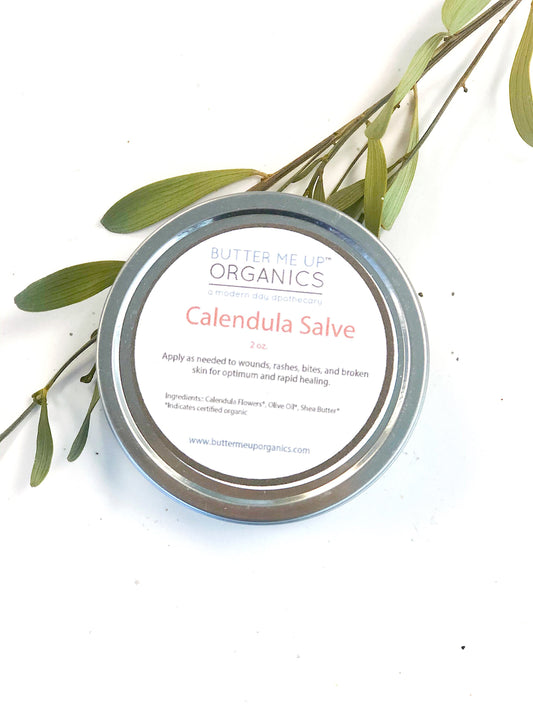 Calendula Balm butter me up organics a modern day apothecary salve apply as needed to wounds, rashes, bites, and broken skin for optimum and rapid healing closed