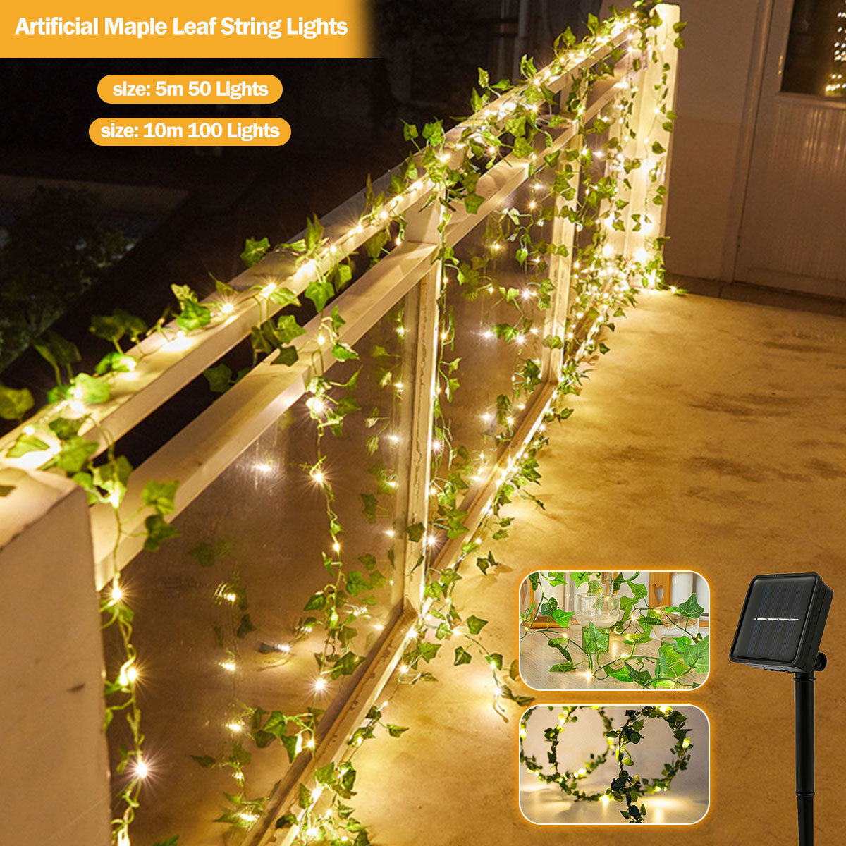 LED Solar Ivy String Garland Lights artificial maple leaf string lights, size 5m 50 lights and 10 m 100 lights, solar powered and can be used on deck and patio areas
