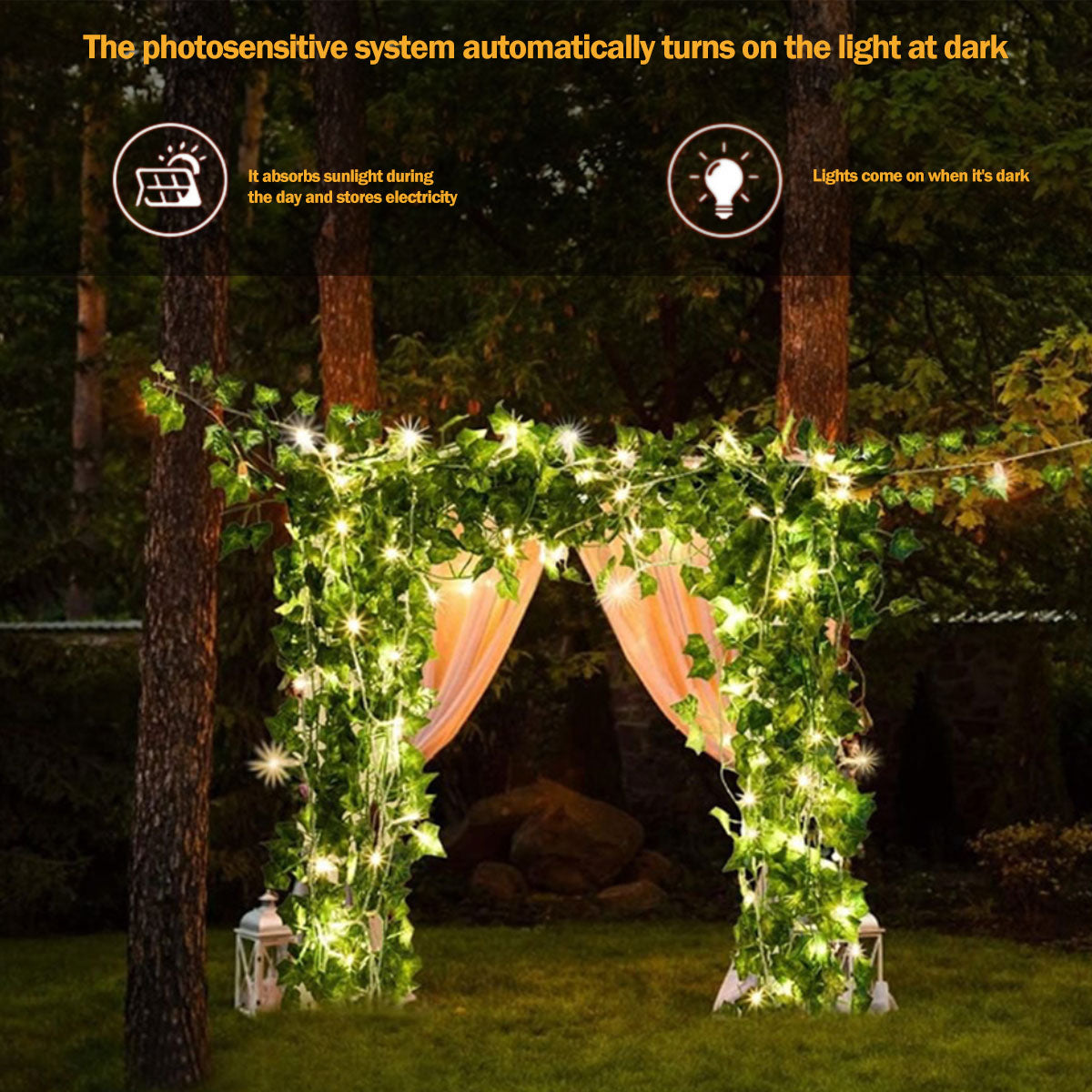 LED Solar Ivy String Garland Lights the photosensitive system automatically turns on the light when it gets dark, it absorbs sunlight during the day and stores electricity, can be used for outdoor areas as a canopy, solar powered
