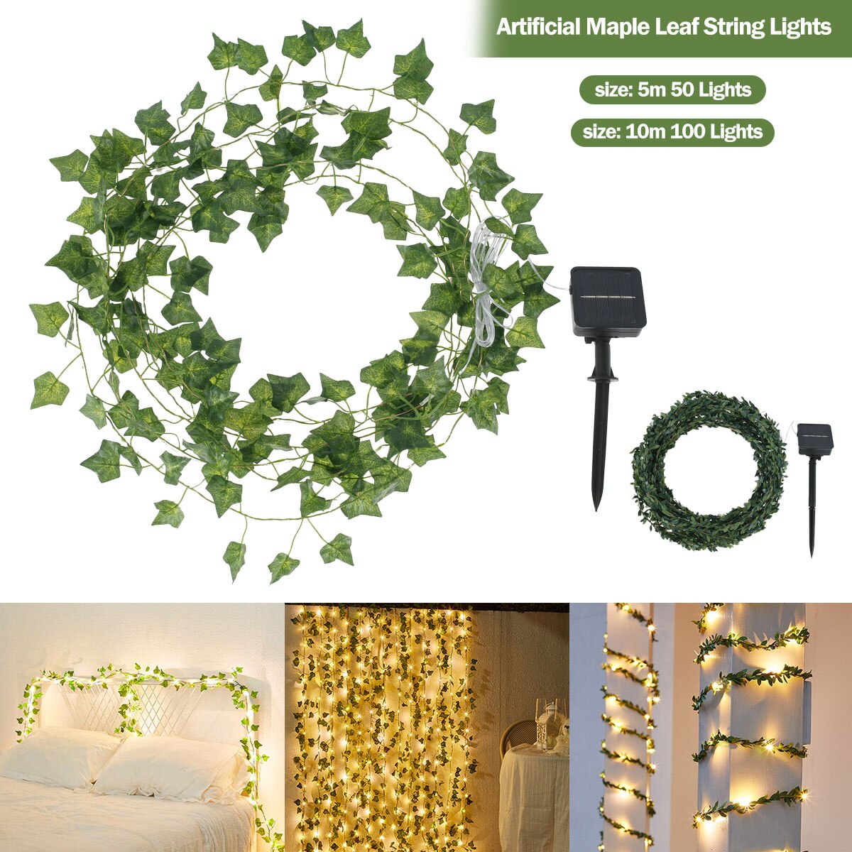 LED Solar Ivy String Garland Lights artificial maple leaf string lights size 5m 50 lights and 10 m 100 lights, solar powered and can be used in bedroom, living area or hallways on pillars