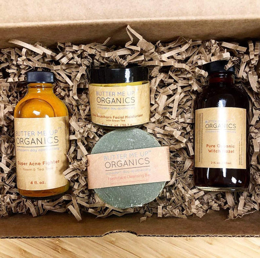 Organic Acne Bundle includes super acne fighter 4 fl oz, sea buckthorn facial moisturizer with green tea 56.7 g, fresh face cleansing bar, and pure organic witch hazel 2 fl oz, all butter me up organic brand a modern day apothecary