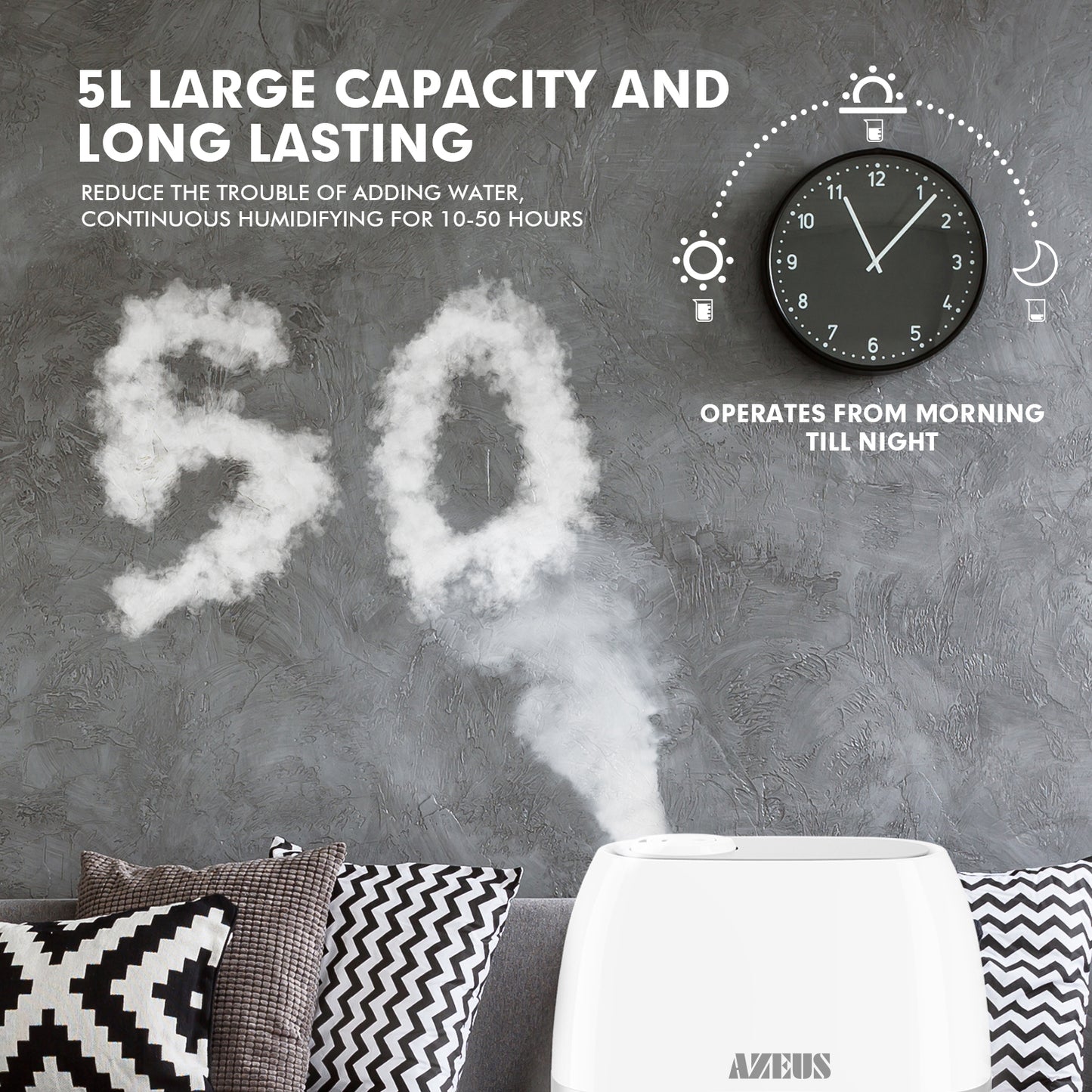 air humidifier white and blue holds 5L of water allows for 10-50 hours of continuous use in minimum and maximum mist mode. it lowers the noise level to 28dB(quieter than a computer). it has 360 degree rotating double nozzles humidifying an area of up to 377 square feet