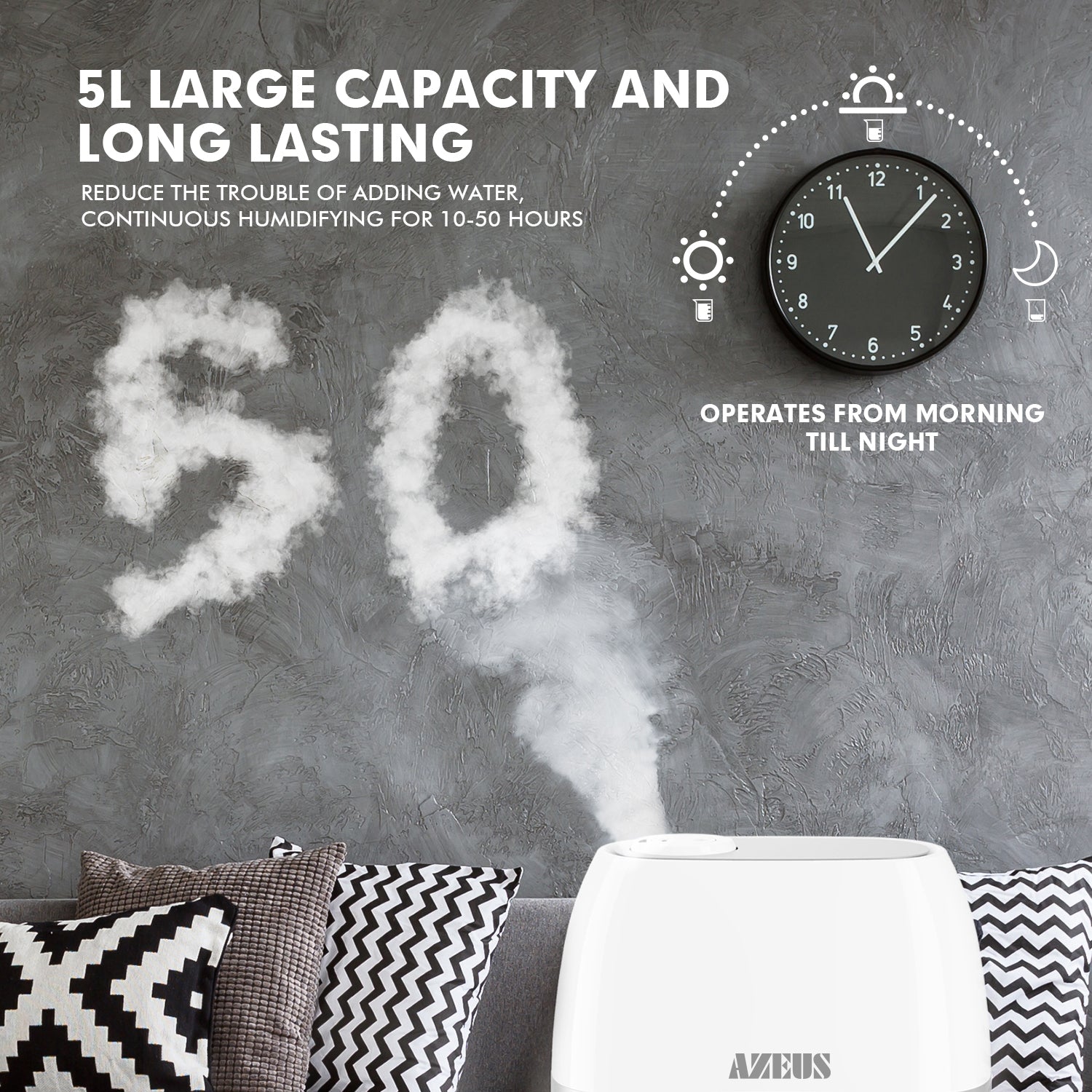 air humidifier white and blue holds 5L of water allows for 10-50 hours of continuous use in minimum and maximum mist mode. it lowers the noise level to 28dB(quieter than a computer). it has 360 degree rotating double nozzles humidifying an area of up to 377 square feet