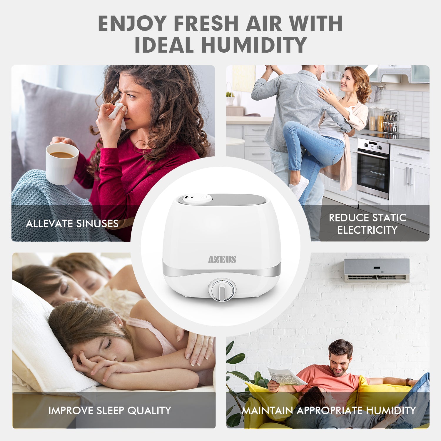 air humidifier white and blue holds 5L of water allows for 10-50 hours of continuous use in minimum and maximum mist mode. it lowers the noise level to 28dB(quieter than a computer). it has 360 degree rotating double nozzles humidifying an area of up to 377 square feet