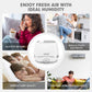 air humidifier white and blue holds 5L of water allows for 10-50 hours of continuous use in minimum and maximum mist mode. it lowers the noise level to 28dB(quieter than a computer). it has 360 degree rotating double nozzles humidifying an area of up to 377 square feet