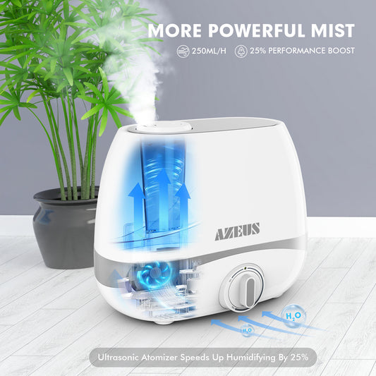 air humidifier white and blue holds 5L of water allows for 10-50 hours of continuous use in minimum and maximum mist mode. it lowers the noise level to 28dB(quieter than a computer). it has 360 degree rotating double nozzles humidifying an area of up to 377 square feet