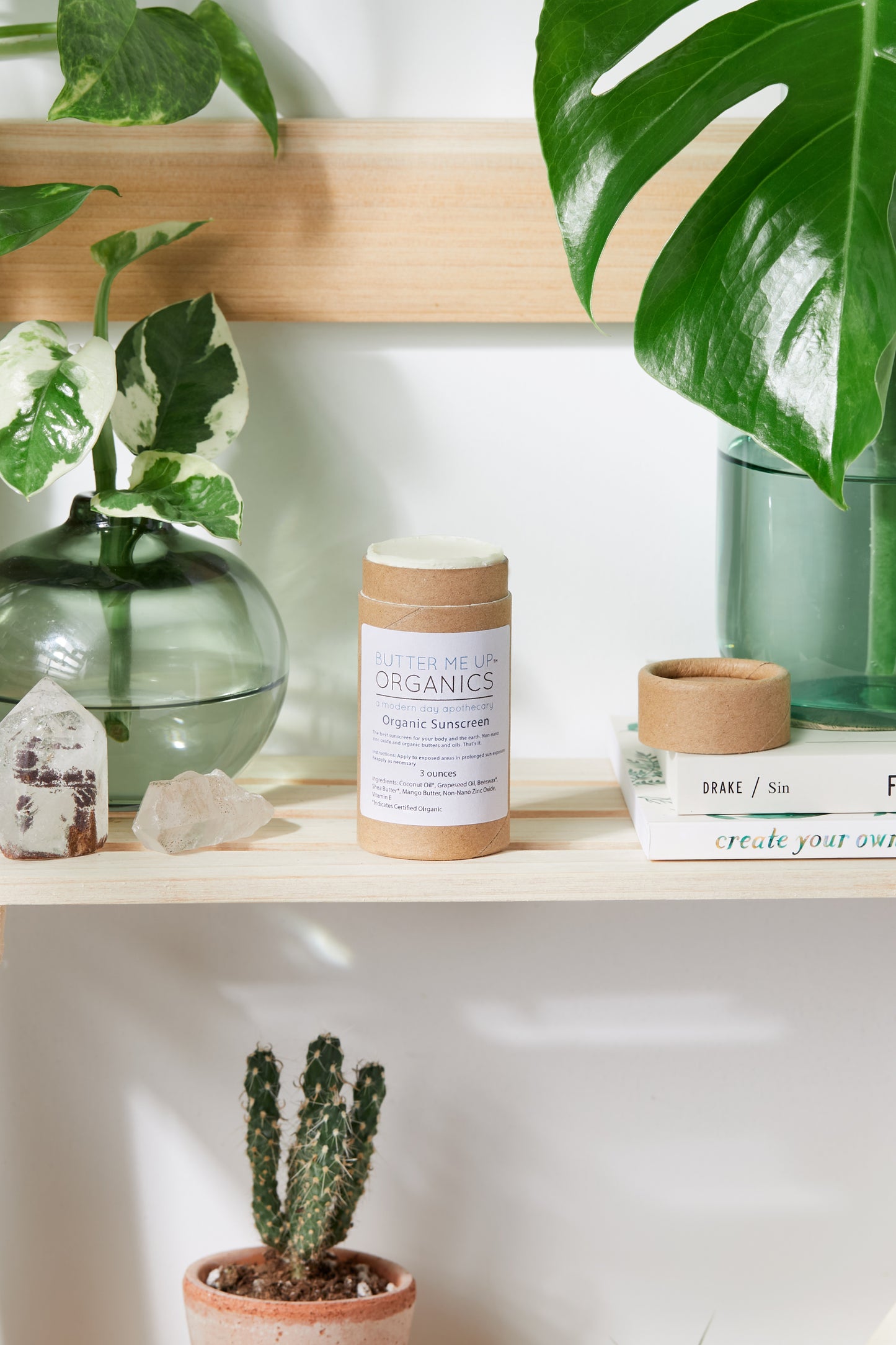 Organic Sunscreen butter me up organics a modern day apothecary 3 oz paperboard tube open on shelf