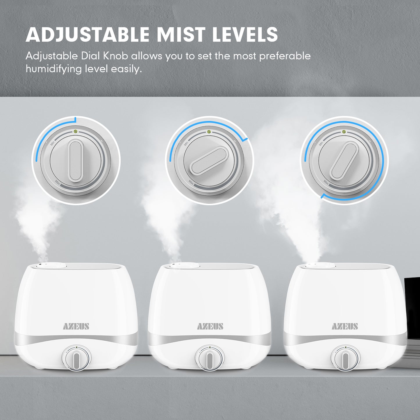 air humidifier white and blue holds 5L of water allows for 10-50 hours of continuous use in minimum and maximum mist mode. it lowers the noise level to 28dB(quieter than a computer). it has 360 degree rotating double nozzles humidifying an area of up to 377 square feet