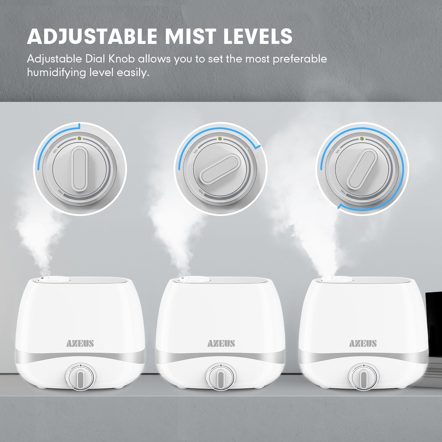 air humidifier white and blue holds 5L of water allows for 10-50 hours of continuous use in minimum and maximum mist mode. it lowers the noise level to 28dB(quieter than a computer). it has 360 degree rotating double nozzles humidifying an area of up to 377 square feet