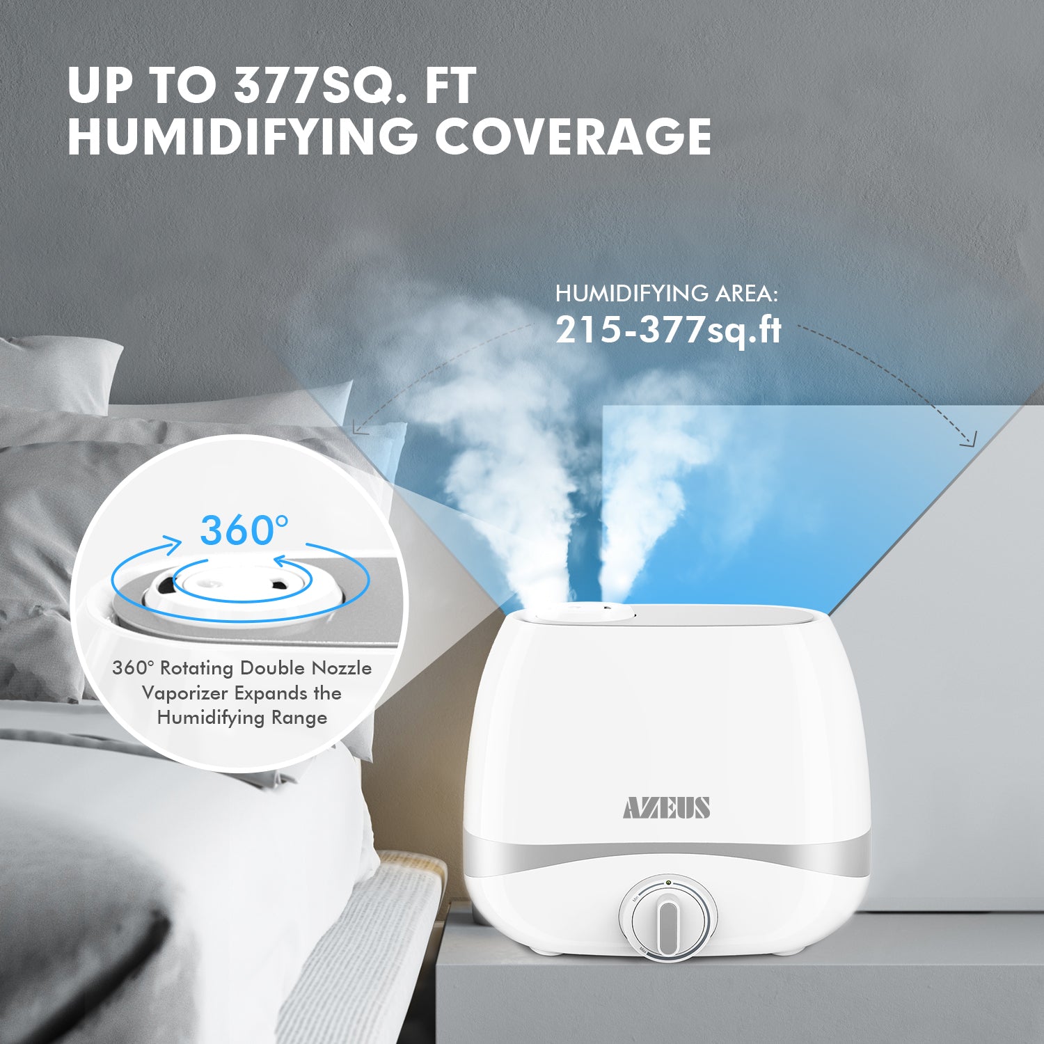 air humidifier white and blue holds 5L of water allows for 10-50 hours of continuous use in minimum and maximum mist mode. it lowers the noise level to 28dB(quieter than a computer). it has 360 degree rotating double nozzles humidifying an area of up to 377 square feet