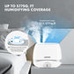air humidifier white and blue holds 5L of water allows for 10-50 hours of continuous use in minimum and maximum mist mode. it lowers the noise level to 28dB(quieter than a computer). it has 360 degree rotating double nozzles humidifying an area of up to 377 square feet
