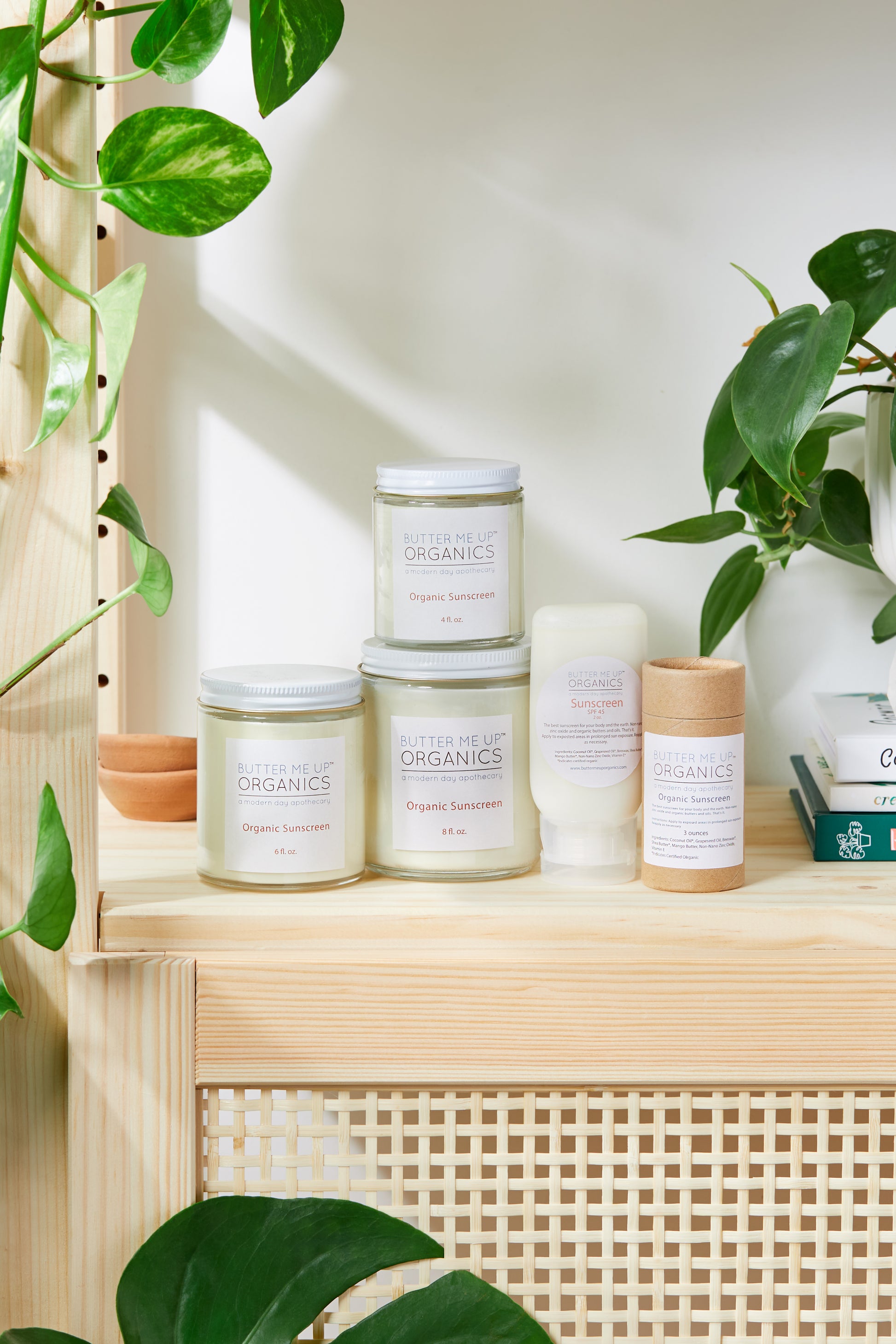 Organic Sunscreen butter me up organics a modern day apothecary includes 4 oz glass jar, 2 oz glass jar, 6 oz glass jar, 8 oz glass jar, 2 oz travel squeeze tube