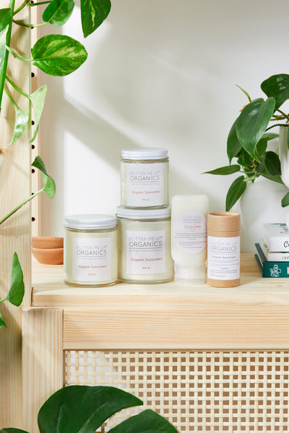 Organic Sunscreen butter me up organics a modern day apothecary includes 4 oz glass jar, 2 oz glass jar, 6 oz glass jar, 8 oz glass jar, 2 oz travel squeeze tube
