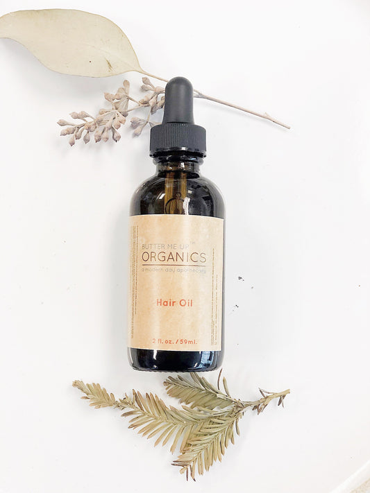 Organic Hair Oil 2 oz amber bottle butter me up organics closed