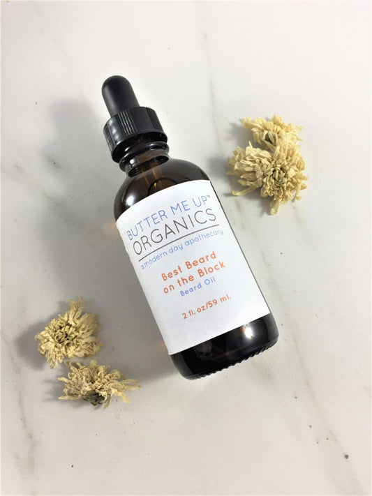 best beard on the block organic beard oil on a shelf Made with organic oils of Argan and Jojoba combined with super conditioning Camelina oil 2 oz