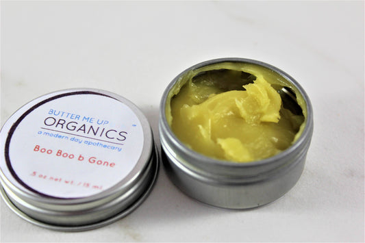 Boo Boo B Gone Butter Me uP Organic a modern day apothecary .5 oz balm open