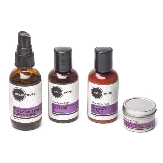 Massage Travel Sampler includes 4 products: spray mist for body and home, massage oil, massage lotion, and soy wax/shea butter massage candle
